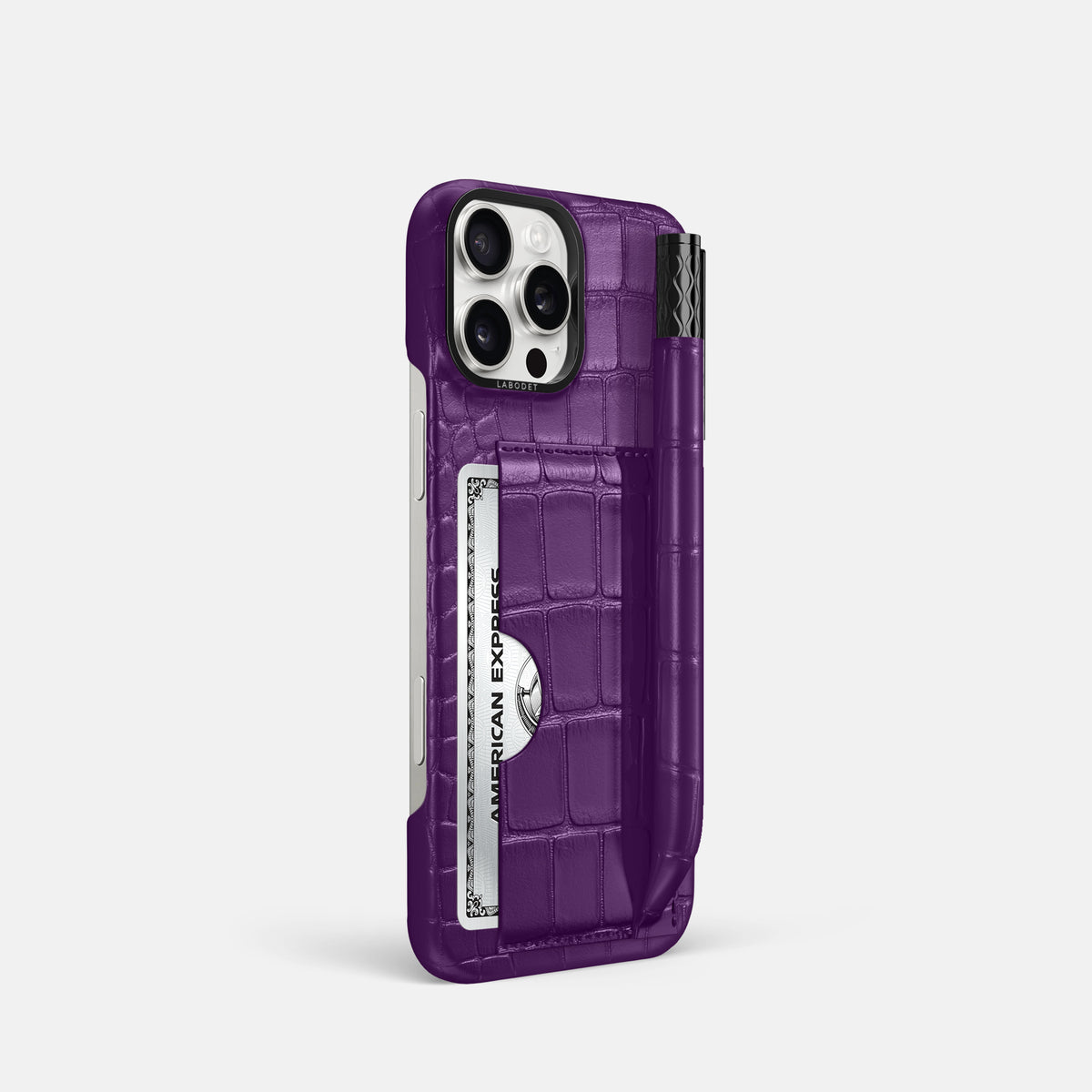 Purple iPhone 16 Pro Card and Pen Holder Case Alligator with Black Metal -2 | Purple-Black