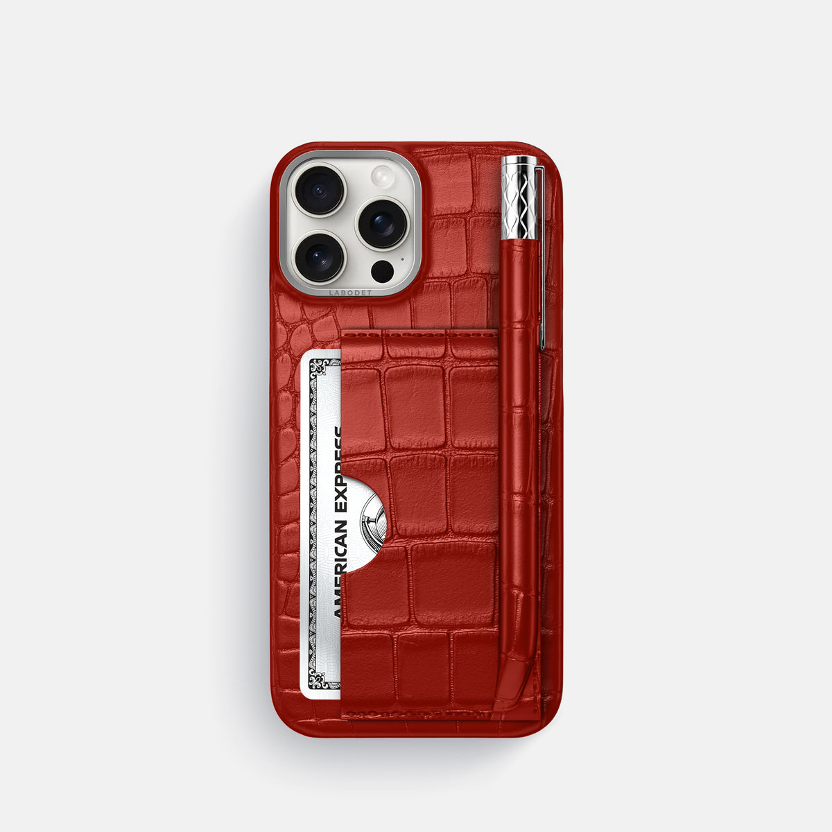 Red iPhone 16 Pro Card and Pen Holder Case Alligator with Steel Metal -1 | Red-Steel