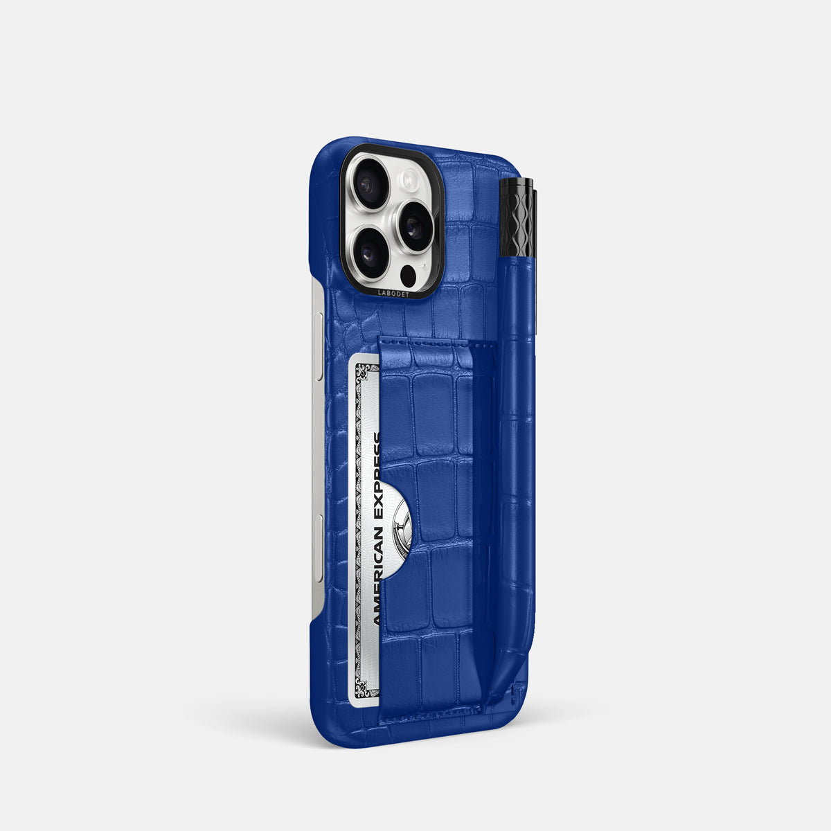 Royal Blue iPhone 16 Pro Card and Pen Holder Case Alligator with Black Metal -2 | Royal-Blue-Black