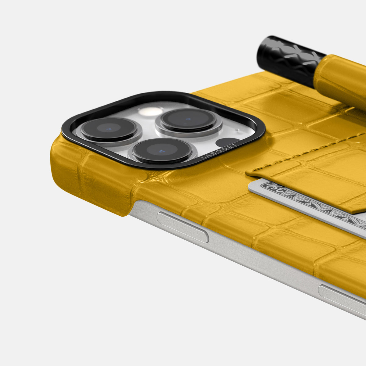 Yellow iPhone 16 Pro Card and Pen Holder Case Alligator with Black Metal -4 | Yellow-Black