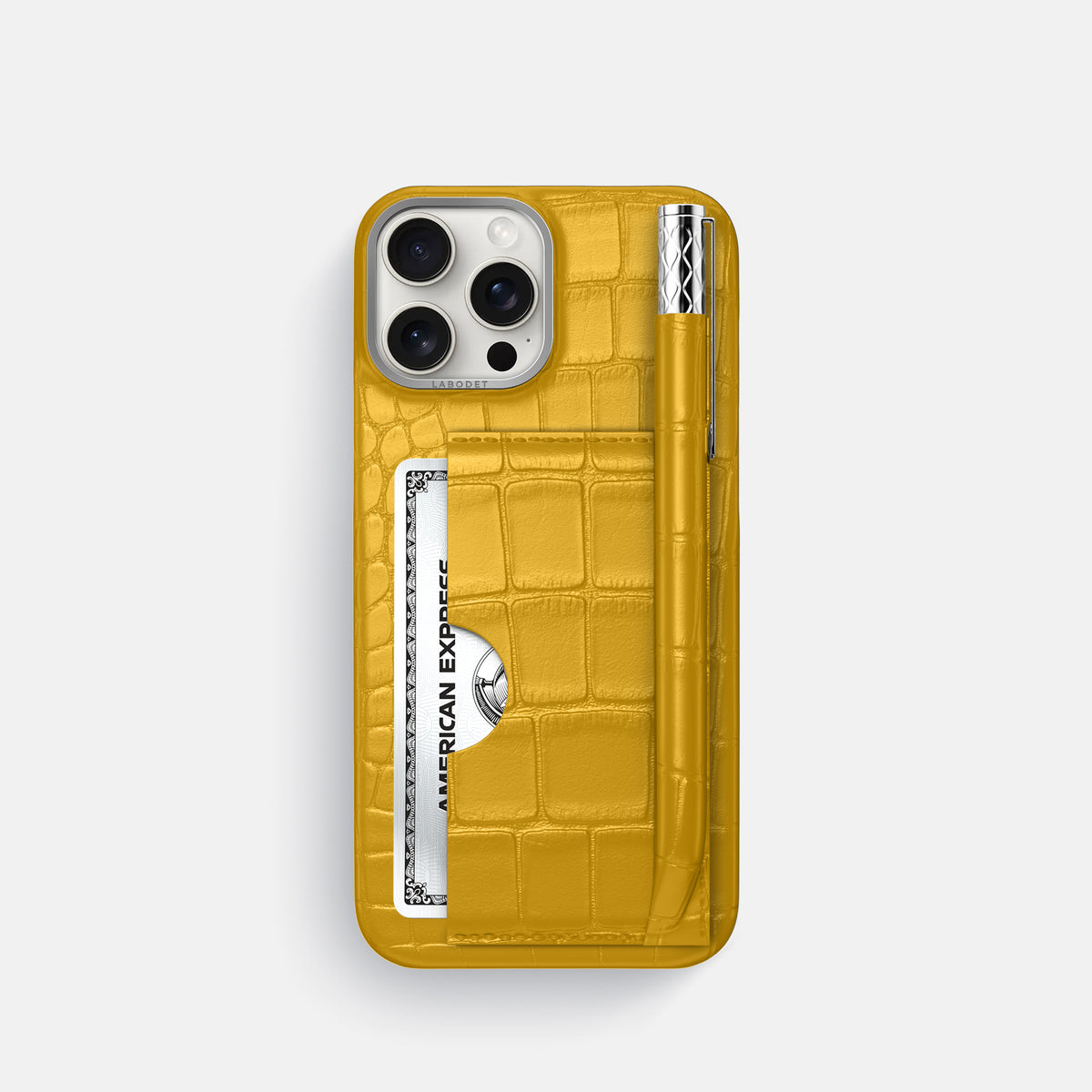 Yellow iPhone 16 Pro Card and Pen Holder Case Alligator with Steel Metal -1 | Yellow-Steel