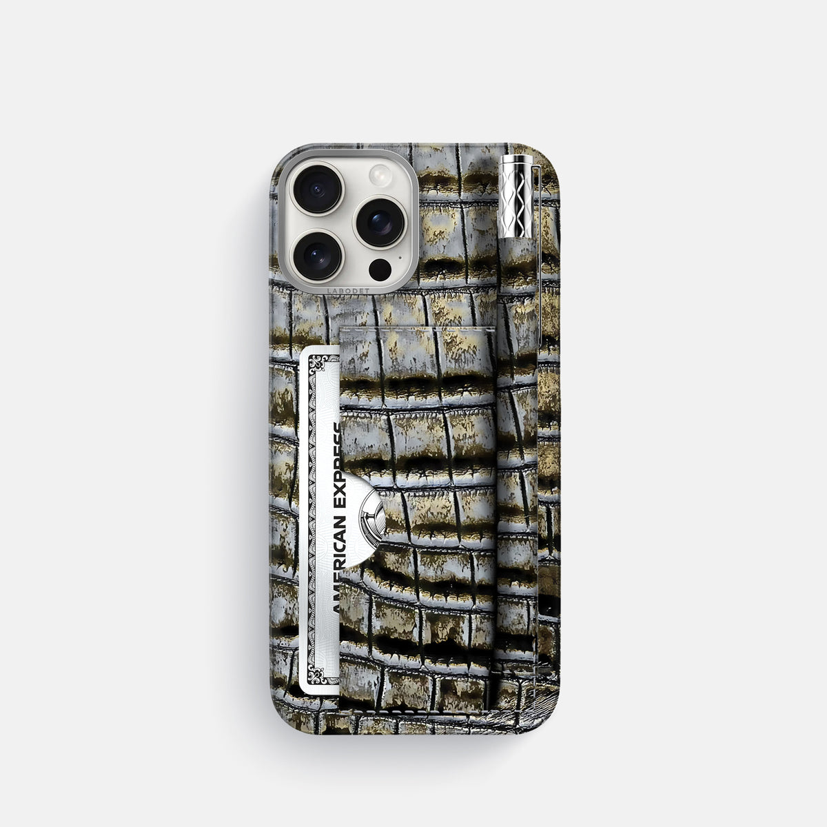 Antique-Bronze iPhone 16 Pro Card and Pen Holder Case Himalayan Crocodile with Steel Metal -1 | Antique-Bronze-Steel
