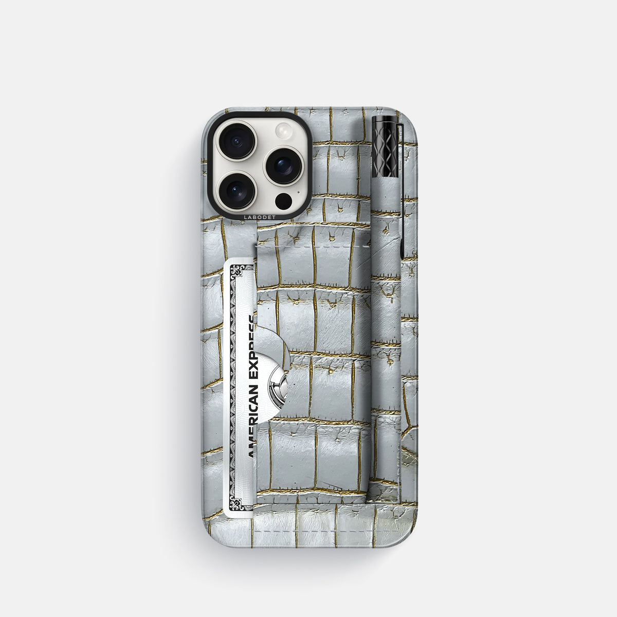 Arctic iPhone 16 Pro Card and Pen Holder Case Himalayan Crocodile with Black Metal -1 | Arctic-Black