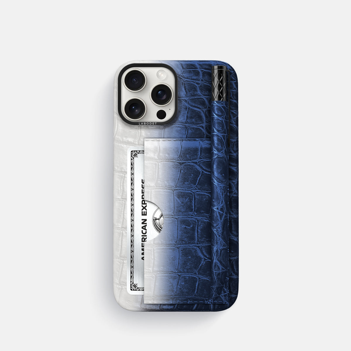 Navy Blue iPhone 16 Pro Card and Pen Holder Case Himalayan Crocodile with Black Metal -1 | Navy-Blue-Black