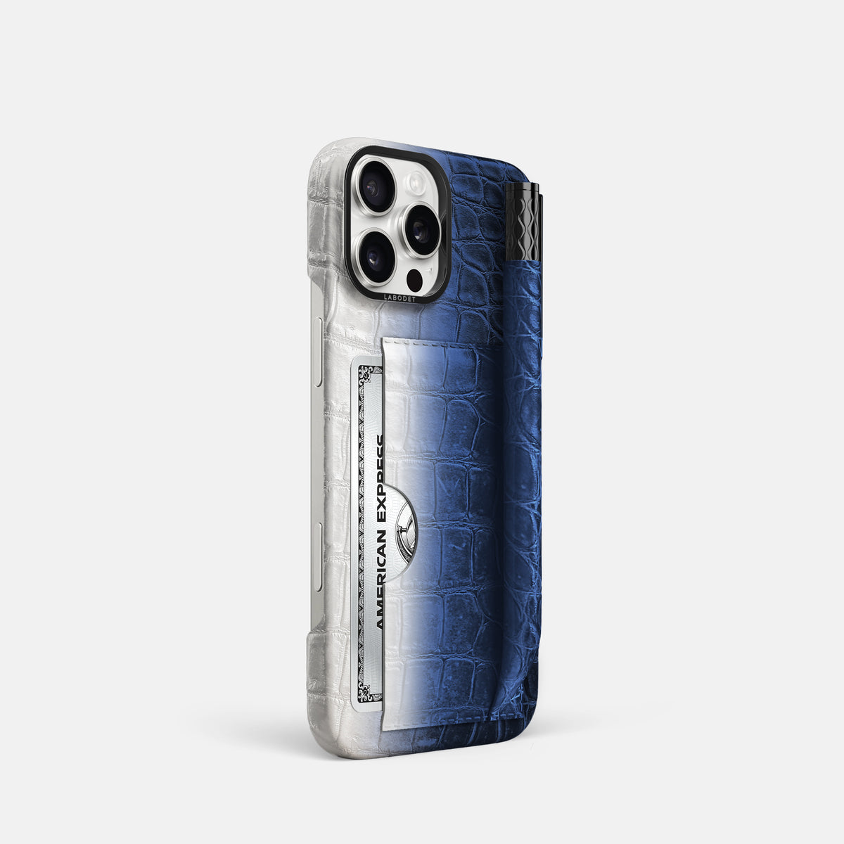 Navy Blue iPhone 16 Pro Card and Pen Holder Case Himalayan Crocodile with Black Metal -2 | Navy-Blue-Black