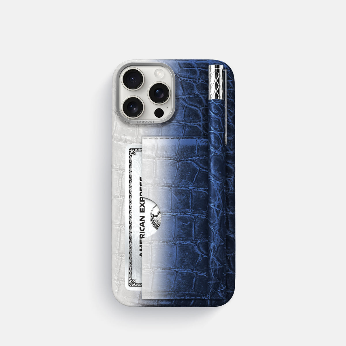 Navy Blue iPhone 16 Pro Card and Pen Holder Case Himalayan Crocodile with Steel Metal -1 | Navy-Blue-Steel