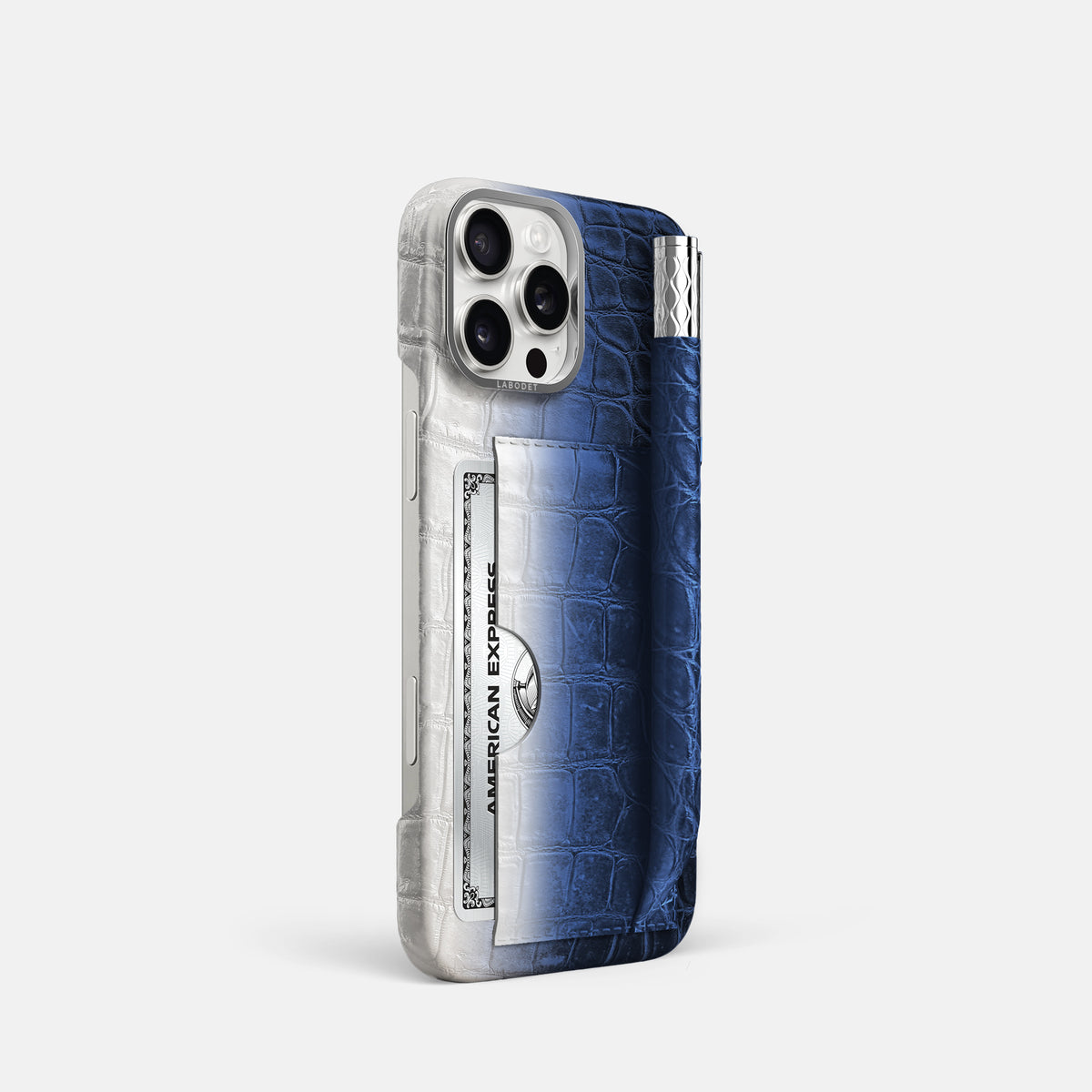 Navy Blue iPhone 16 Pro Card and Pen Holder Case Himalayan Crocodile with Steel Metal -2 | Navy-Blue-Steel