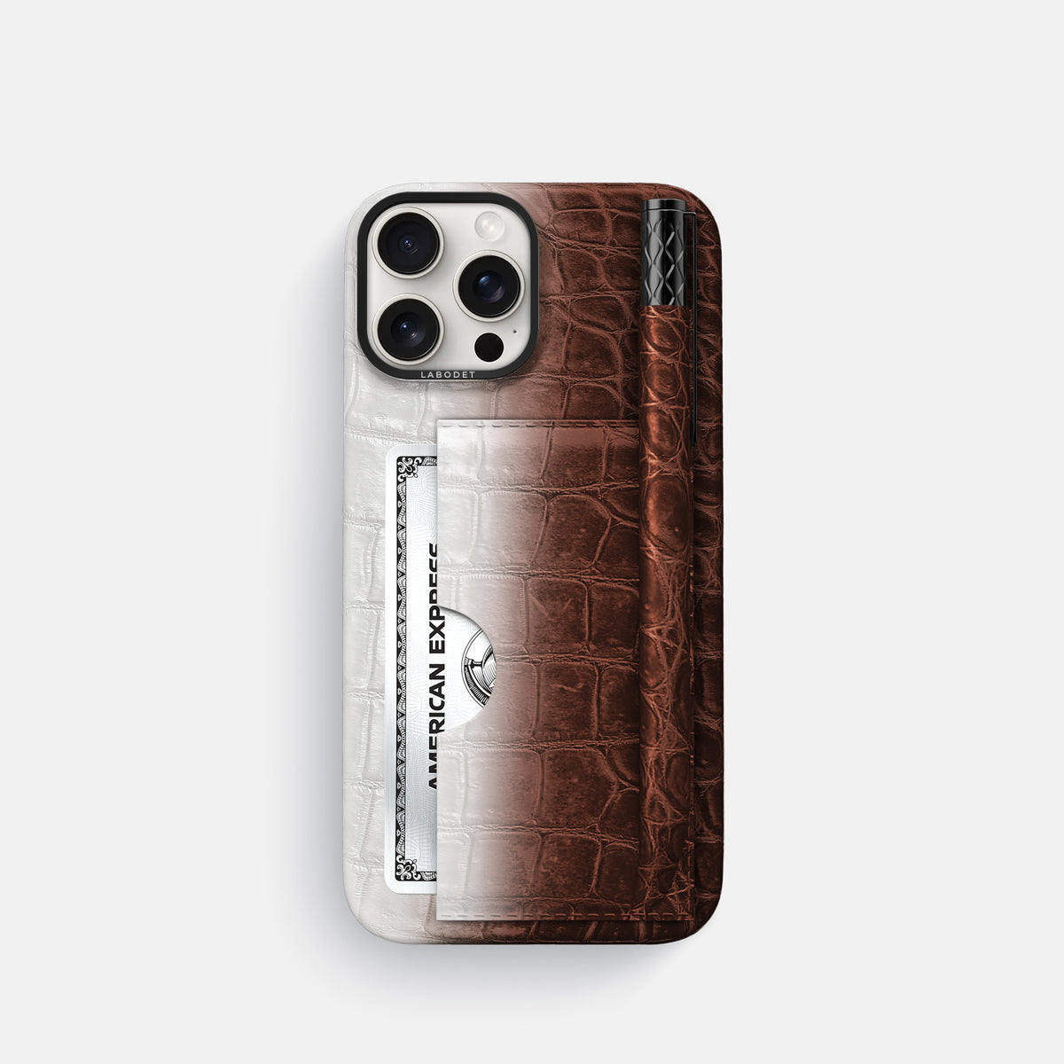Dark Brown iPhone 16 Pro Card and Pen Holder Case Himalayan Crocodile with Black Metal -1 | Dark-Brown-Black