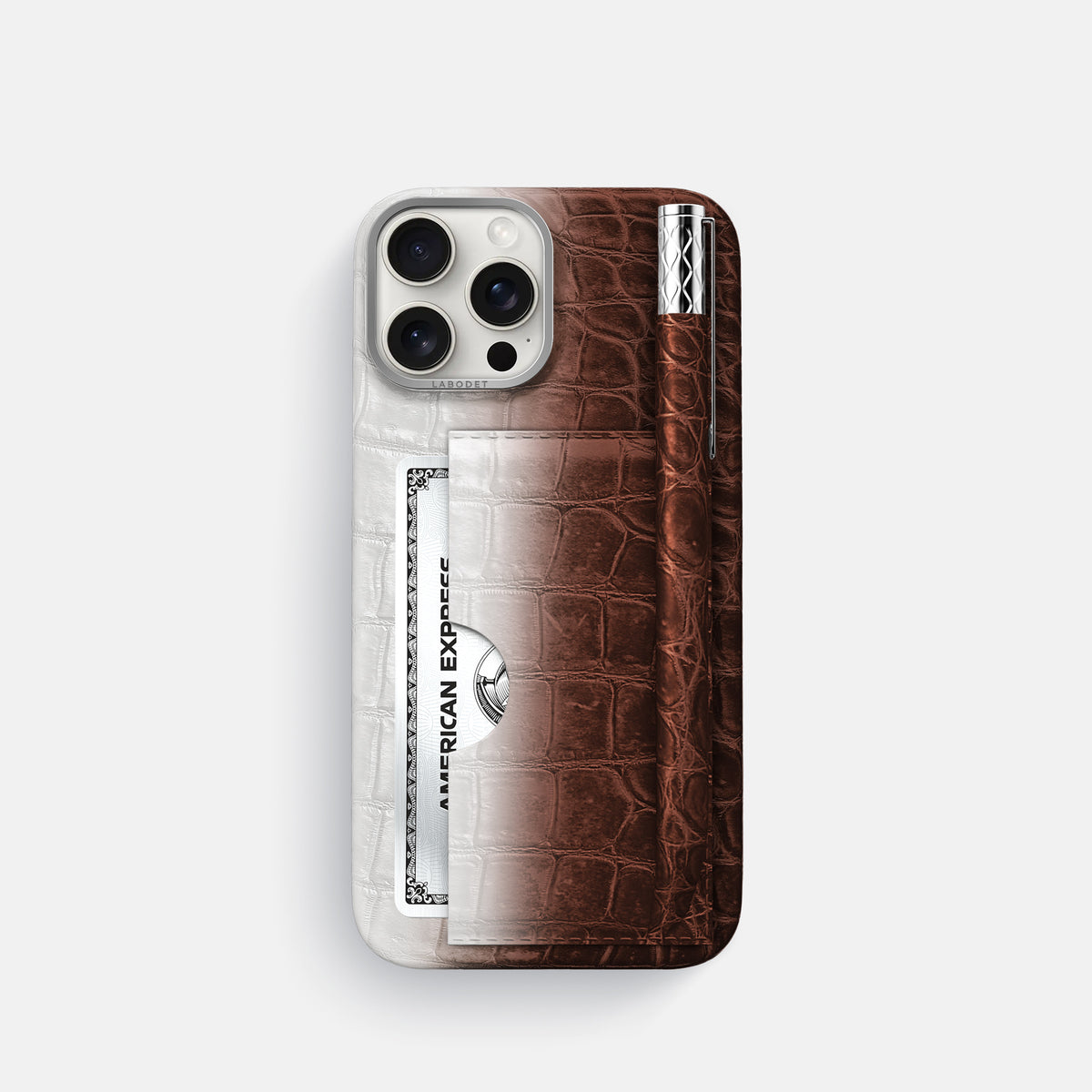Dark Brown iPhone 16 Pro Card and Pen Holder Case Himalayan Crocodile with Steel Metal -1 | Dark-Brown-Steel