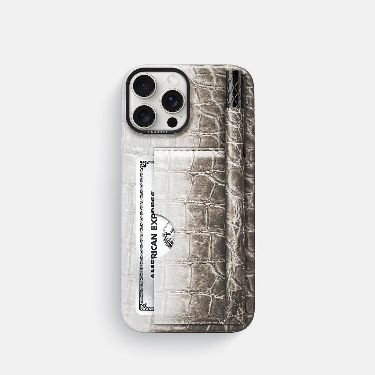 Dark iPhone 16 Pro Card and Pen Holder Case Himalayan Crocodile with Black Metal -1 | Dark-Black