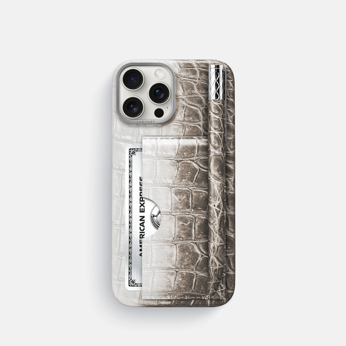Dark iPhone 16 Pro Card and Pen Holder Case Himalayan Crocodile with Steel Metal -1 | Dark-Steel