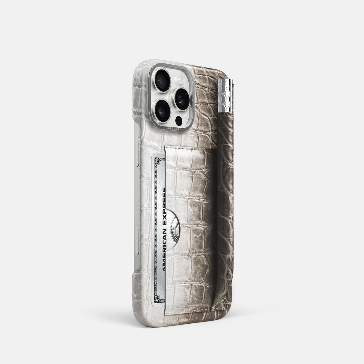 Dark iPhone 16 Pro Card and Pen Holder Case Himalayan Crocodile with Steel Metal -2 | Dark-Steel