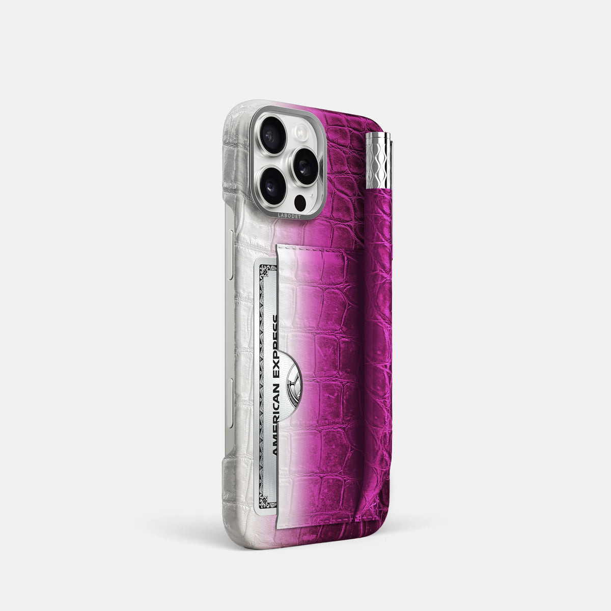Fuchsia iPhone 16 Pro Card and Pen Holder Case Himalayan Crocodile with Steel Metal -2 | Fuchsia-Steel