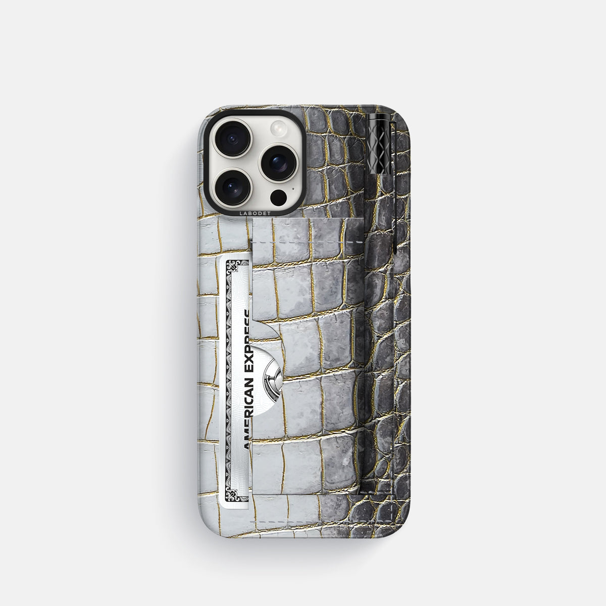 Gold iPhone 16 Pro Card and Pen Holder Case Himalayan Crocodile with Black Metal -1 | Gold-Black