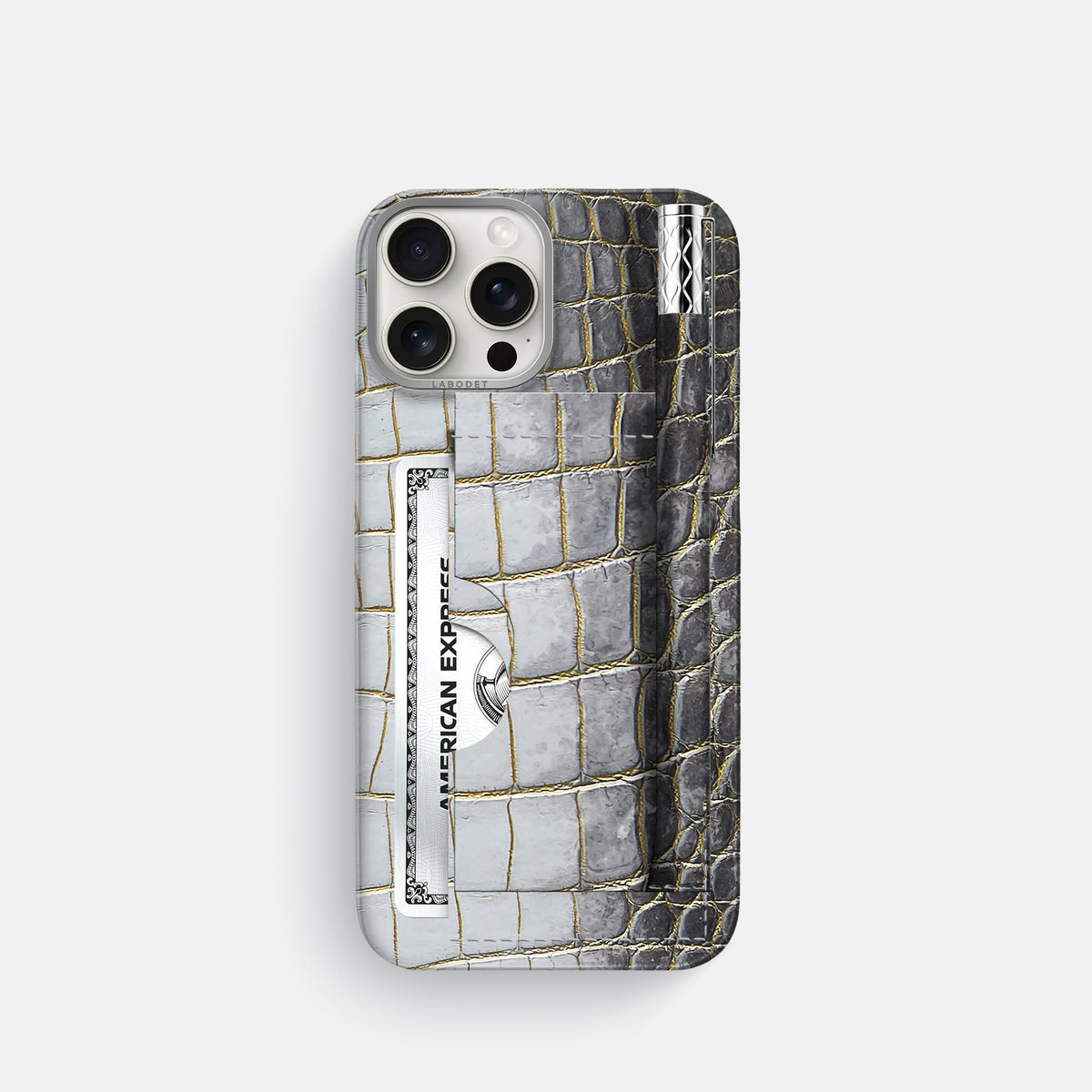 Gold iPhone 16 Pro Card and Pen Holder Case Himalayan Crocodile with Steel Metal -1 | Gold-Steel