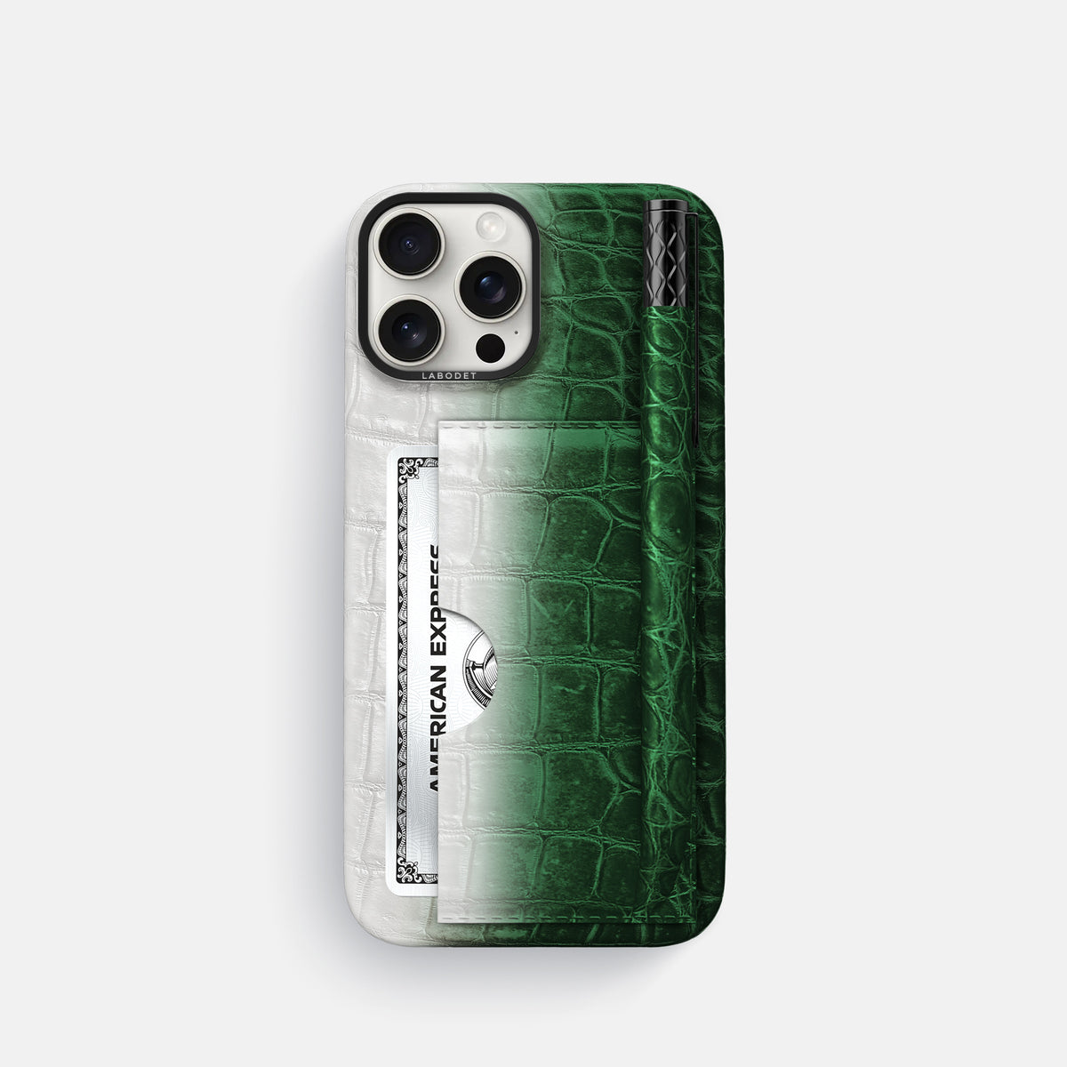 Green iPhone 16 Pro Card and Pen Holder Case Himalayan Crocodile with Black Metal -1 | Green-Black