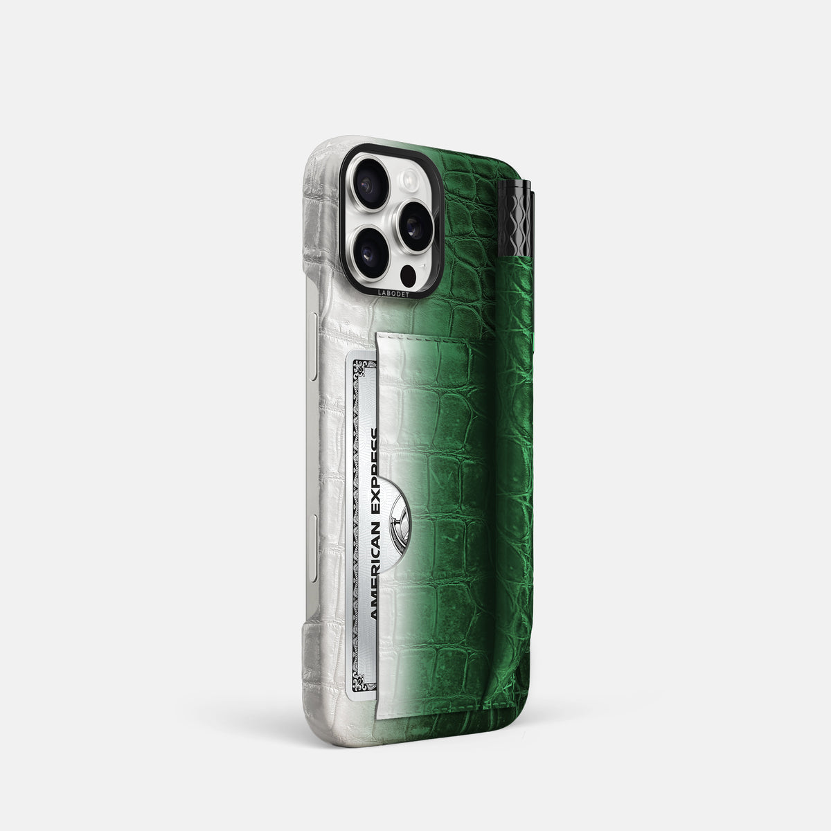 Green iPhone 16 Pro Card and Pen Holder Case Himalayan Crocodile with Black Metal -2 | Green-Black