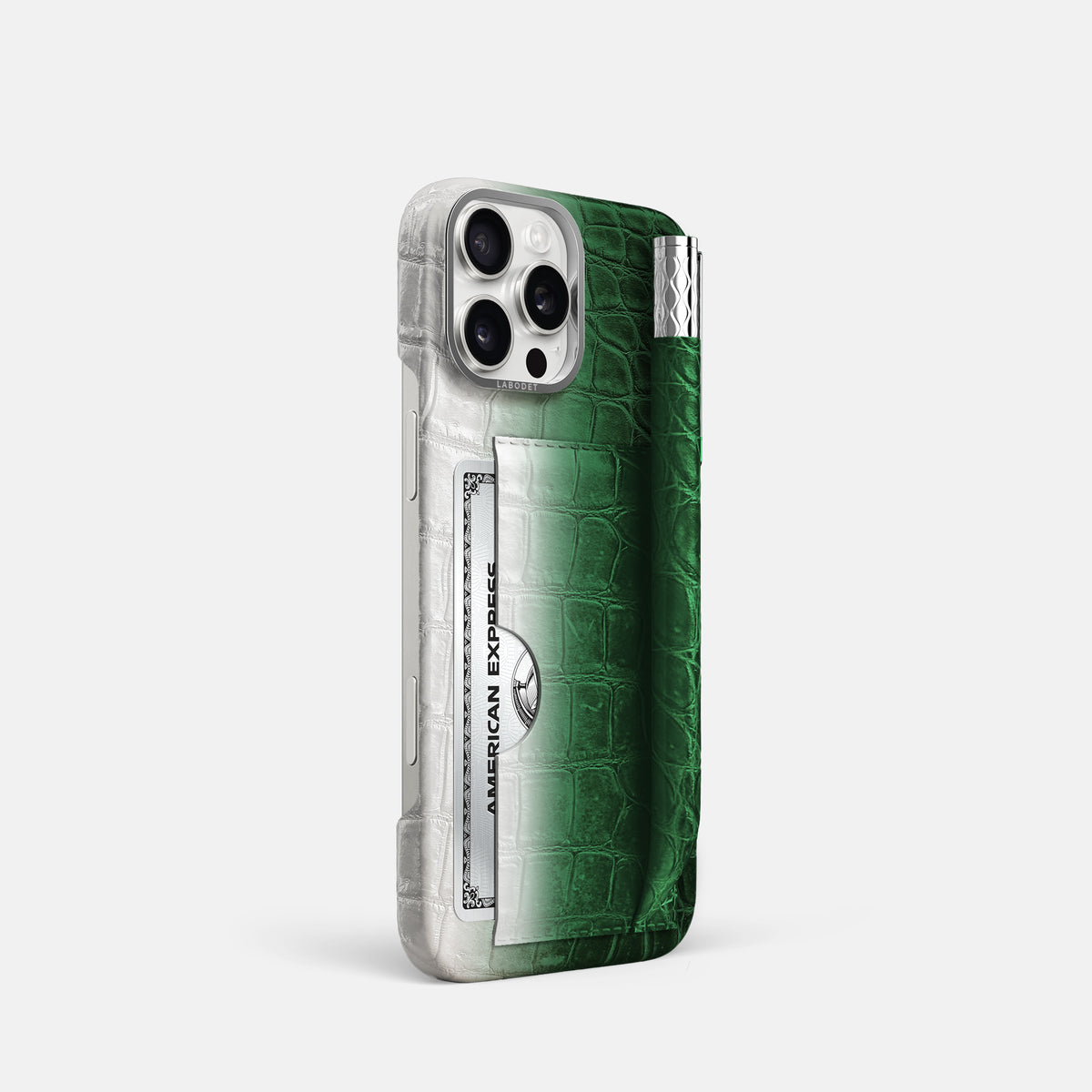 Green iPhone 16 Pro Card and Pen Holder Case Himalayan Crocodile with Steel Metal -2 | Green-Steel