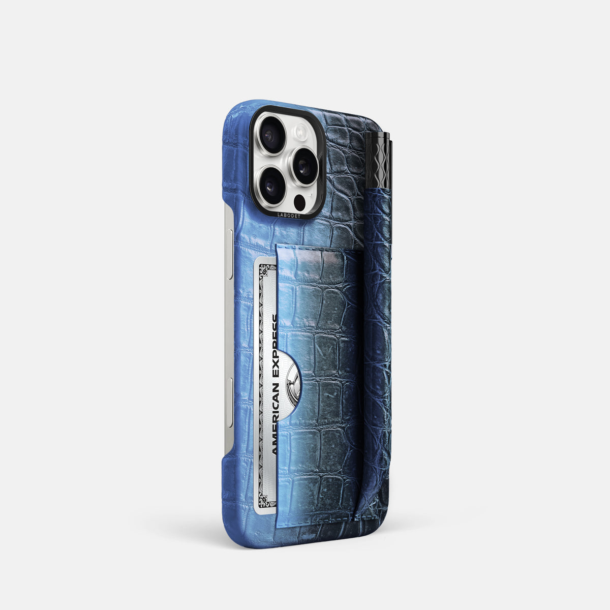 Lavender iPhone 16 Pro Card and Pen Holder Case Himalayan Crocodile with Black Metal -2 | Lavender-Black