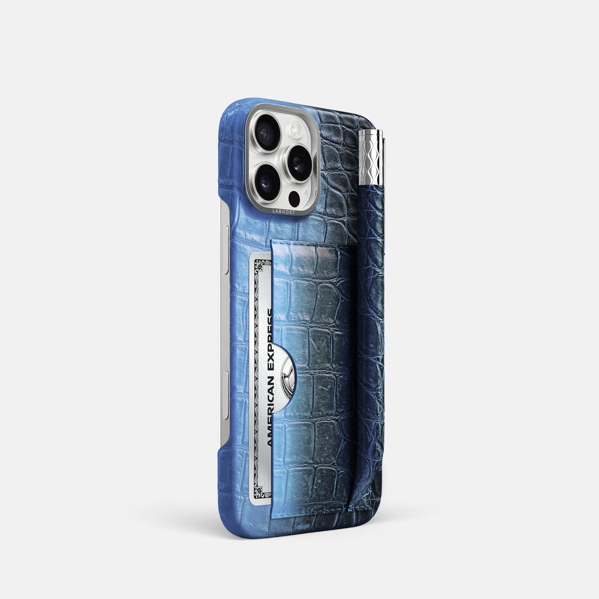Lavender iPhone 16 Pro Card and Pen Holder Case Himalayan Crocodile with Steel Metal -2 | Lavender-Steel