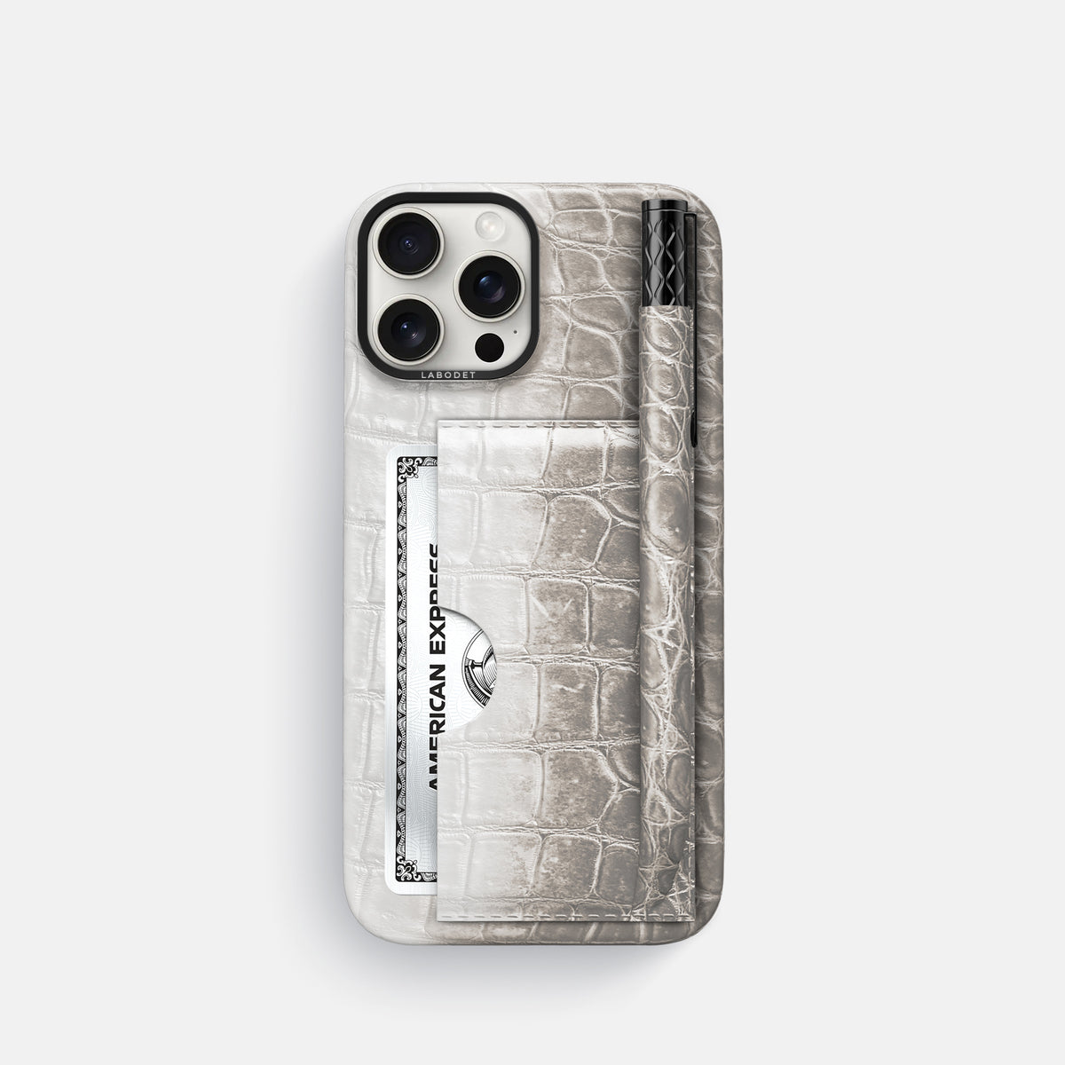 Grey iPhone 16 Pro Card and Pen Holder Case Himalayan Crocodile with Black Metal -1 | Grey-Black