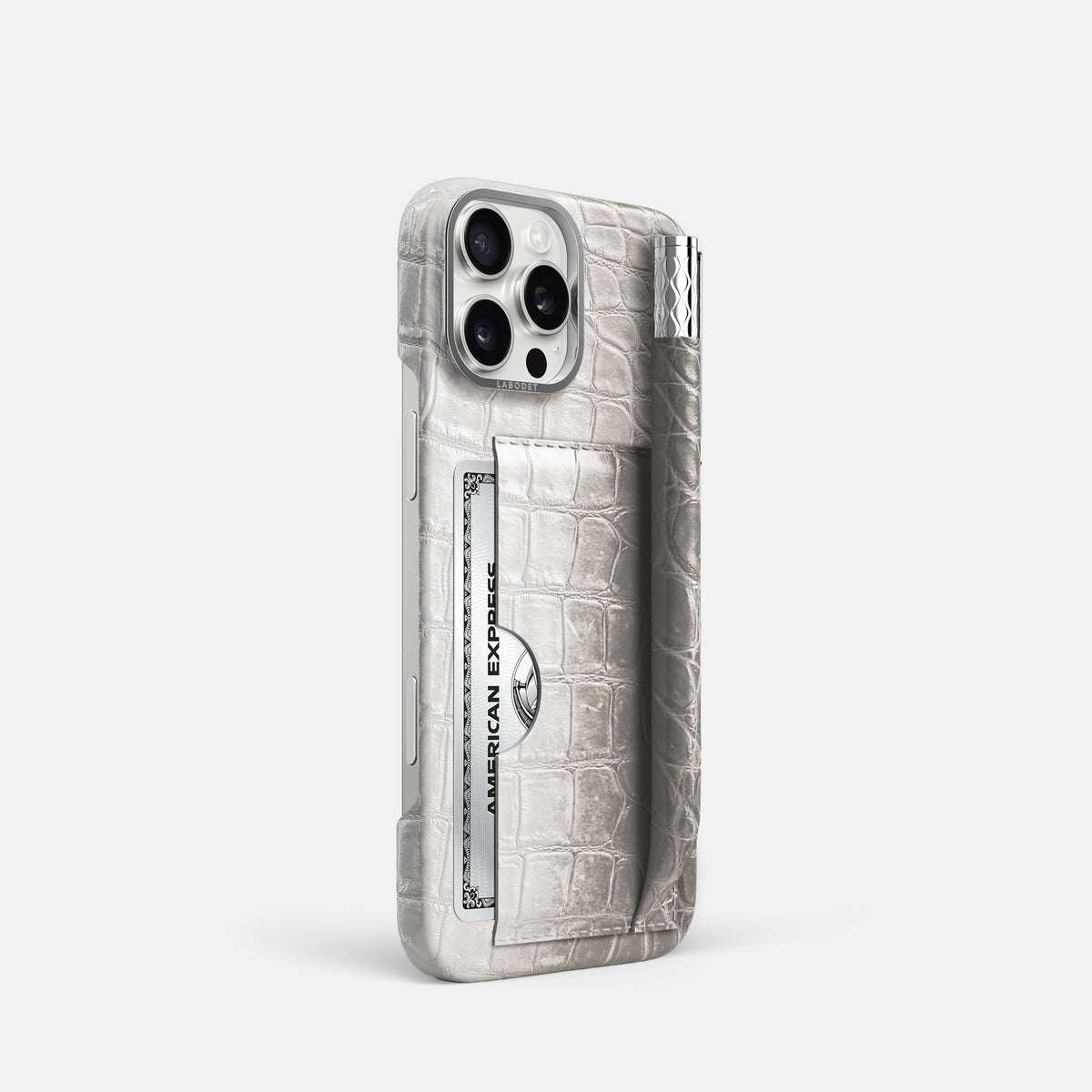 Grey iPhone 16 Pro Card and Pen Holder Case Himalayan Crocodile with Steel Metal -2 | Grey-Steel