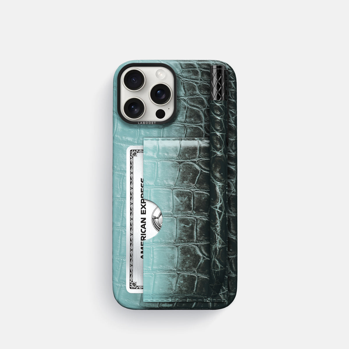 Light-Mint iPhone 16 Pro Card and Pen Holder Case Himalayan Crocodile with Black Metal -1 | Light-Mint-Black