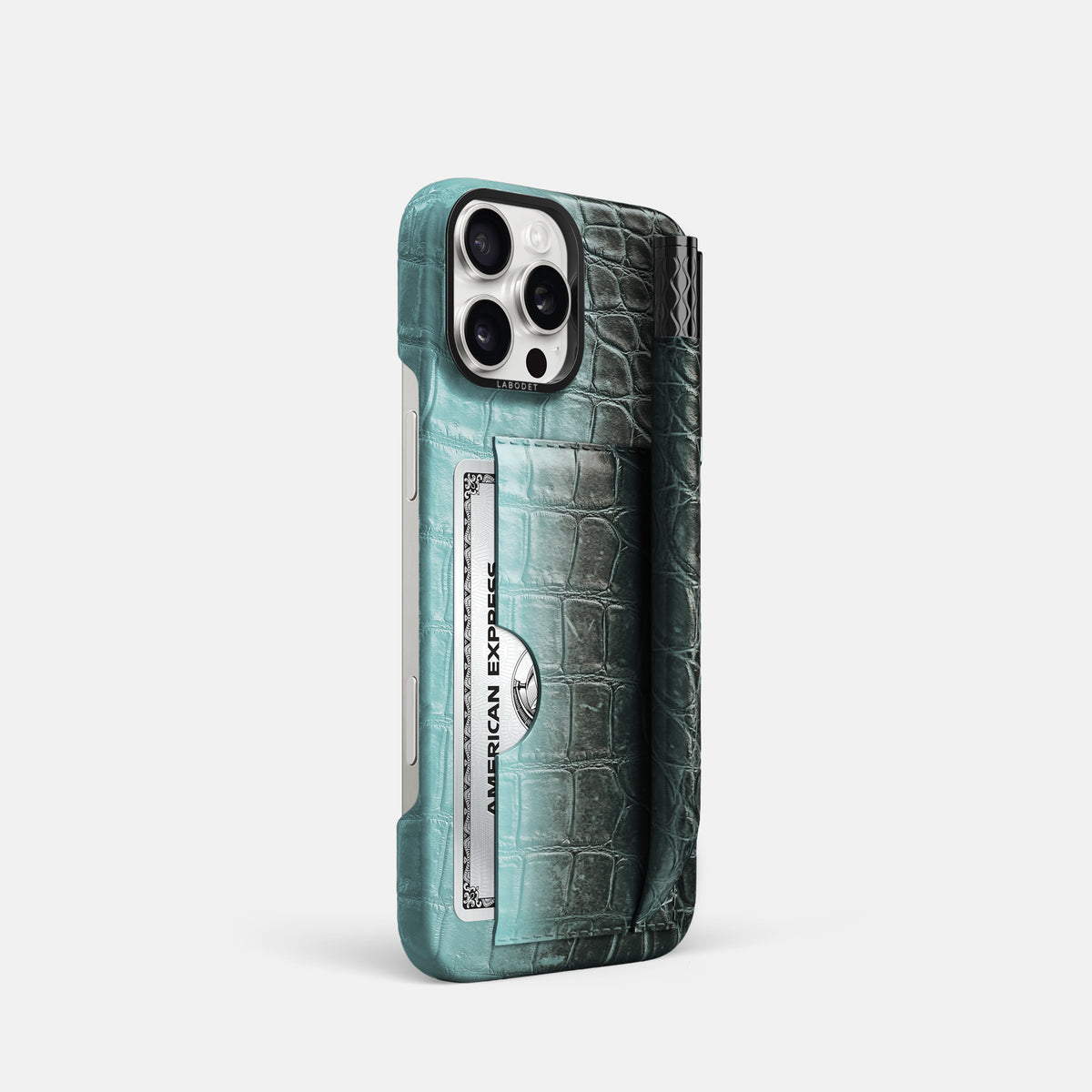 Light-Mint iPhone 16 Pro Card and Pen Holder Case Himalayan Crocodile with Black Metal -2 | Light-Mint-Black