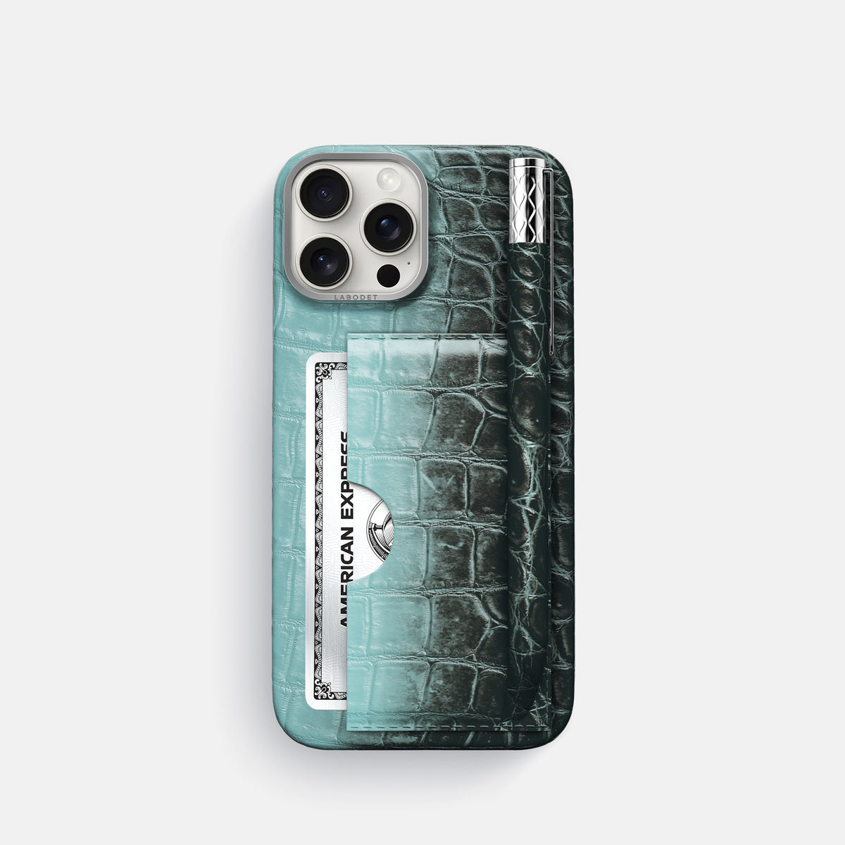 Light-Mint iPhone 16 Pro Card and Pen Holder Case Himalayan Crocodile with Steel Metal -1 | Light-Mint-Steel