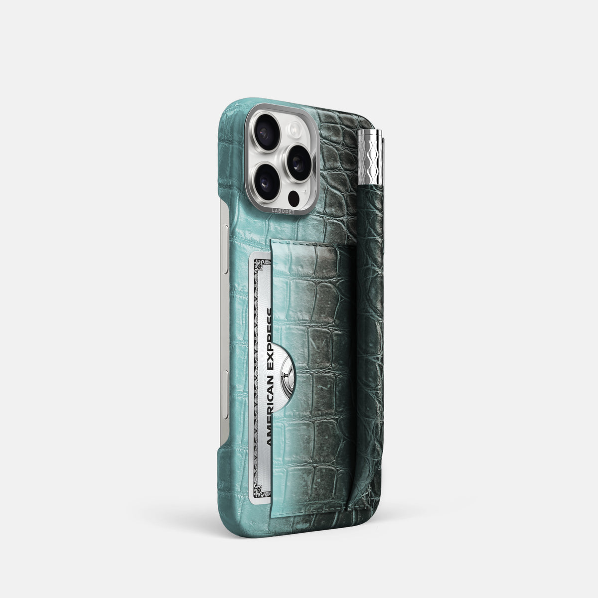 Light-Mint iPhone 16 Pro Card and Pen Holder Case Himalayan Crocodile with Steel Metal -2 | Light-Mint-Steel