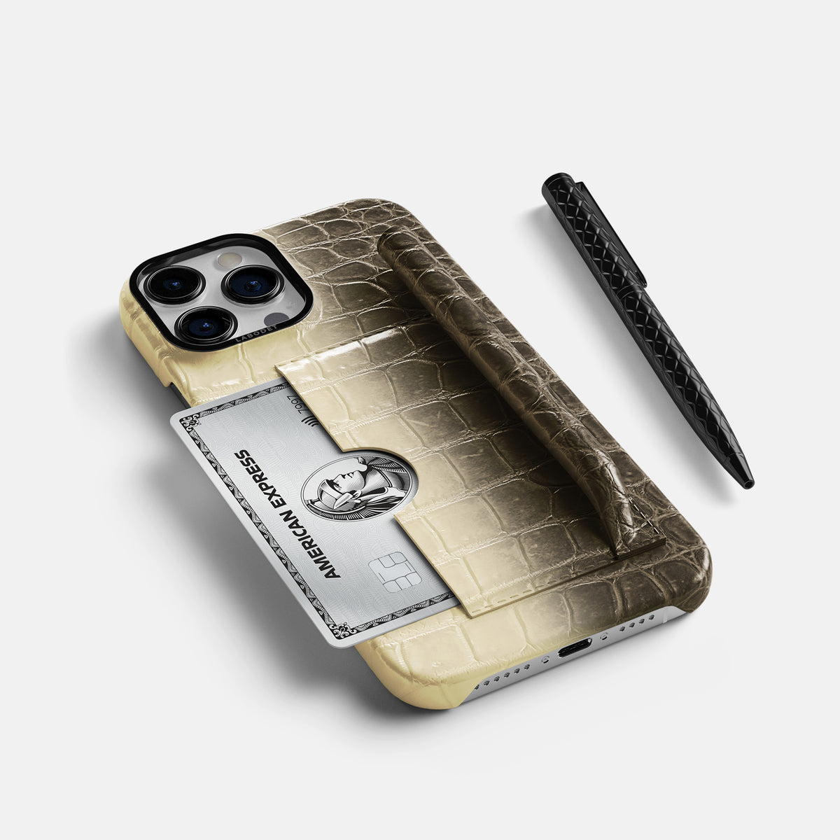 Natural iPhone 16 Pro Card and Pen Holder Case Himalayan Crocodile with Black Metal -5 | Natural-Black