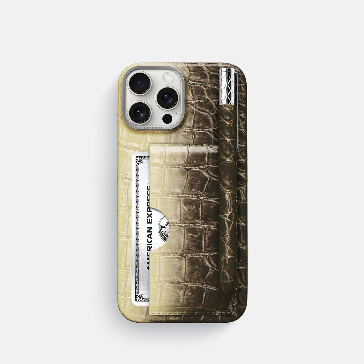 Natural iPhone 16 Pro Card and Pen Holder Case Himalayan Crocodile with Steel Metal -1 | Natural-Steel