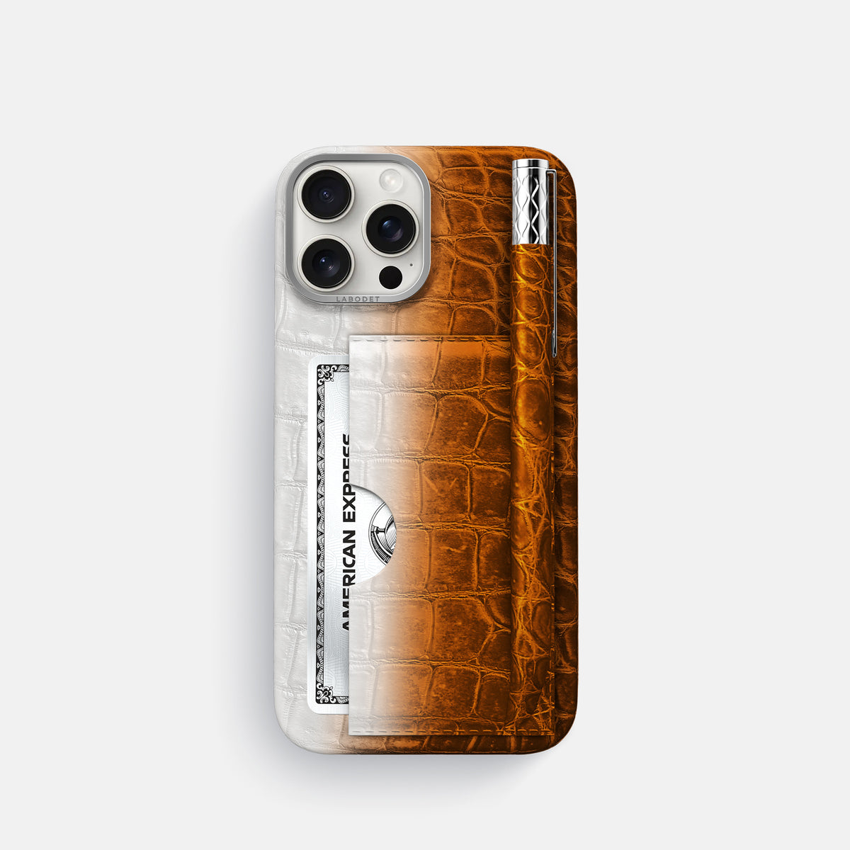 Orange iPhone 16 Pro Card and Pen Holder Case Himalayan Crocodile with Steel Metal -1 | Orange-Steel