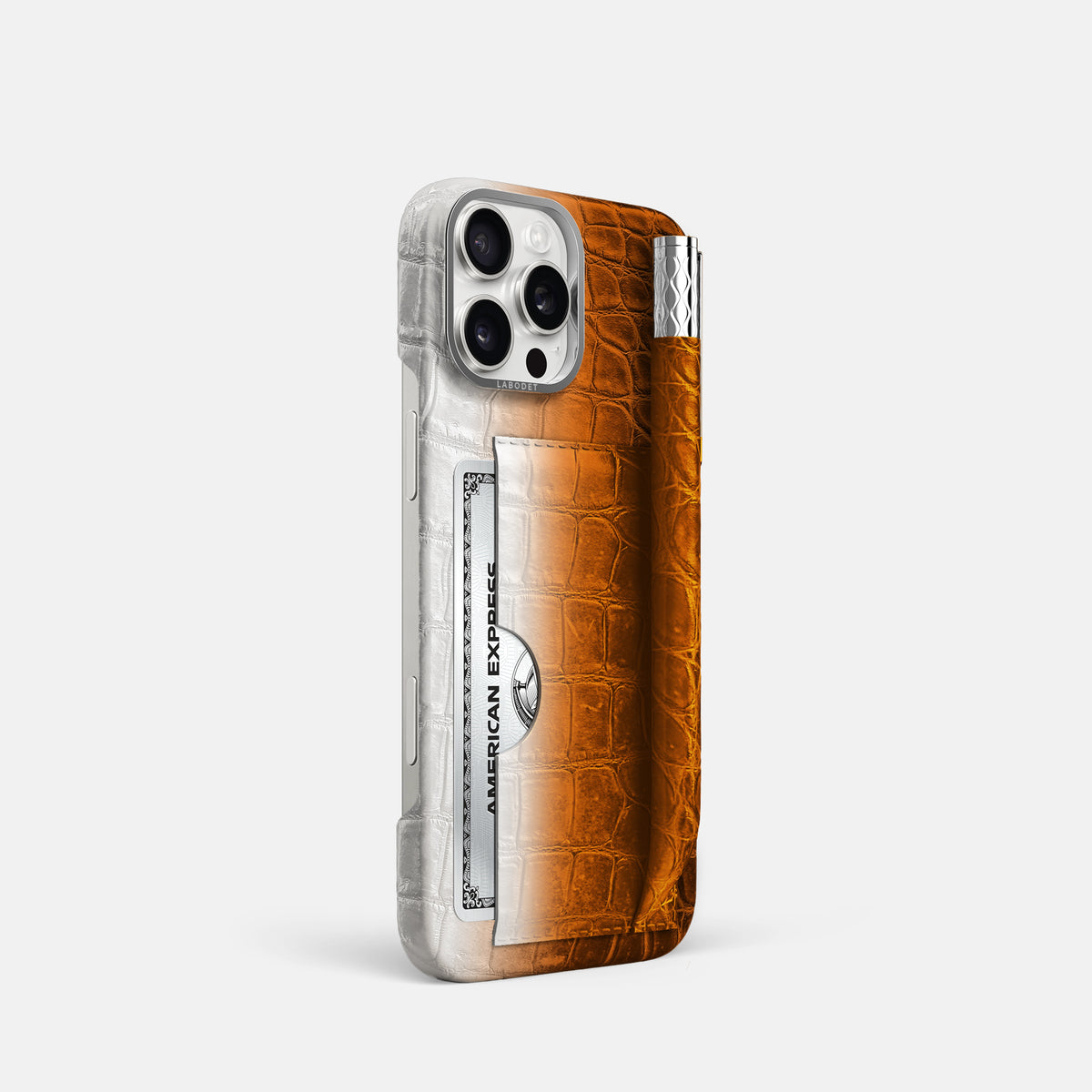 Orange iPhone 16 Pro Card and Pen Holder Case Himalayan Crocodile with Steel Metal -2 | Orange-Steel