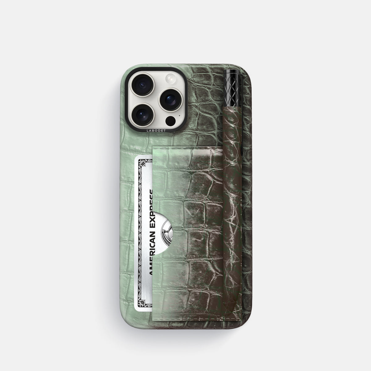 Pistachio iPhone 16 Pro Card and Pen Holder Case Himalayan Crocodile with Black Metal -1 | Pistachio-Black