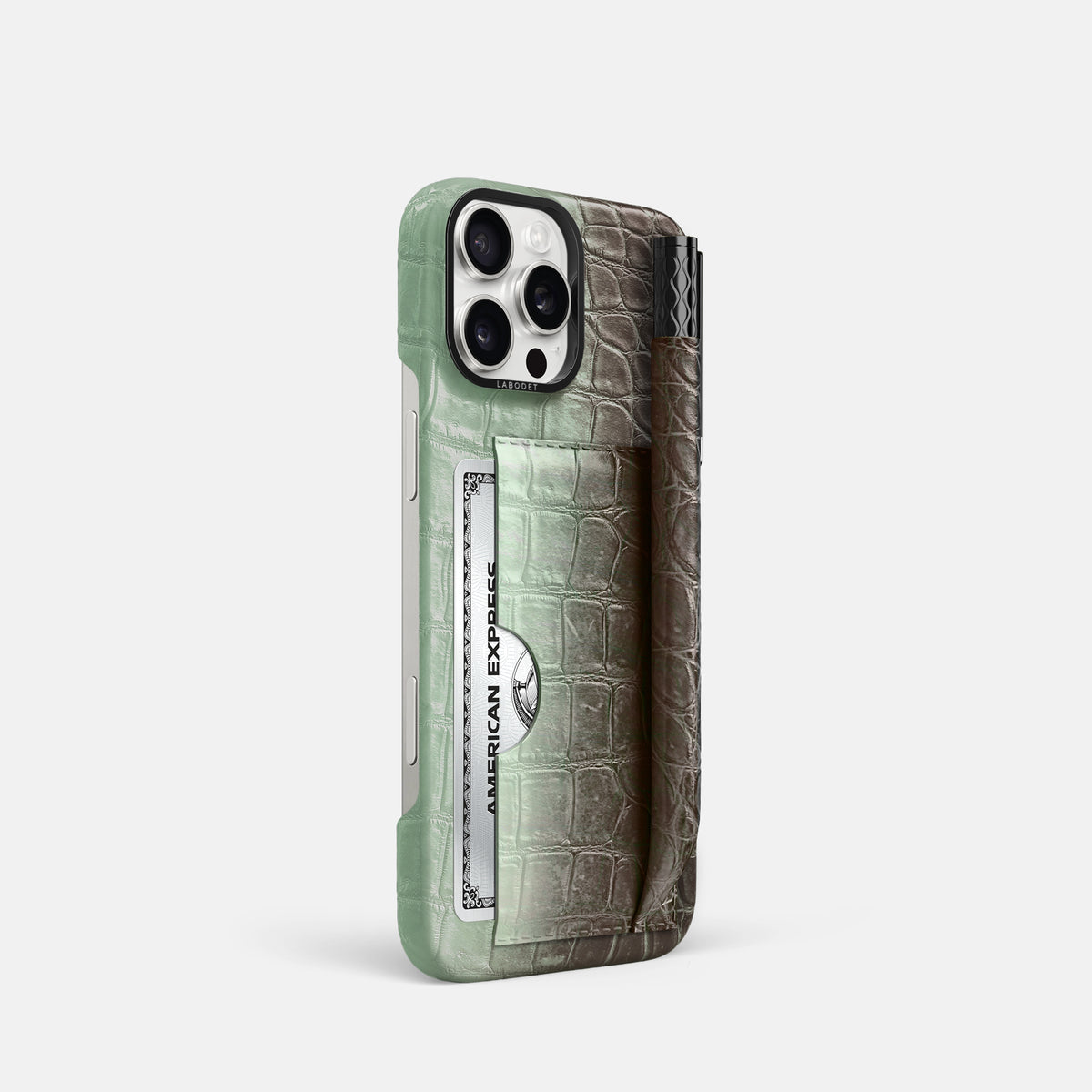 Pistachio iPhone 16 Pro Card and Pen Holder Case Himalayan Crocodile with Black Metal -2 | Pistachio-Black