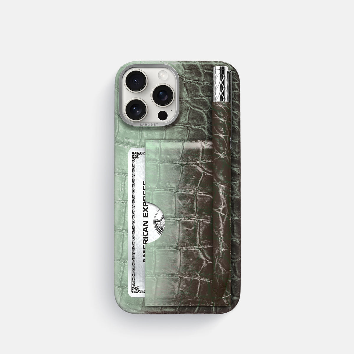 Pistachio iPhone 16 Pro Card and Pen Holder Case Himalayan Crocodile with Steel Metal -1 | Pistachio-Steel