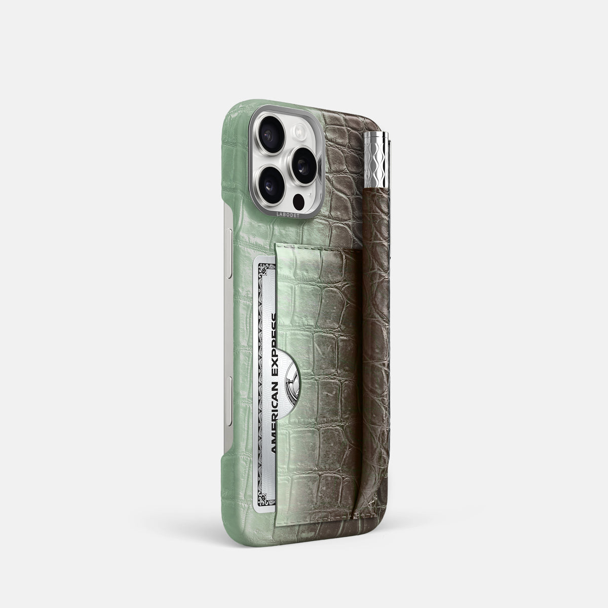 Pistachio iPhone 16 Pro Card and Pen Holder Case Himalayan Crocodile with Steel Metal -2 | Pistachio-Steel