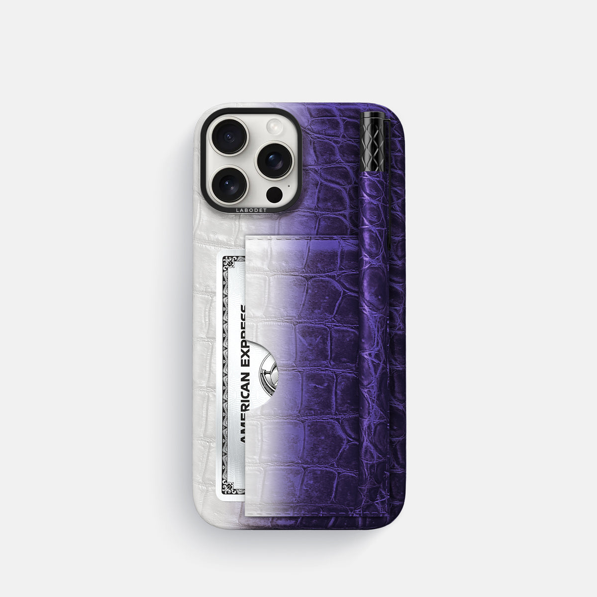 Purple iPhone 16 Pro Card and Pen Holder Case Himalayan Crocodile with Black Metal -1 | Purple-Black