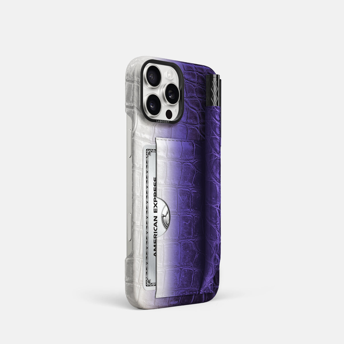 Purple iPhone 16 Pro Card and Pen Holder Case Himalayan Crocodile with Black Metal -2 | Purple-Black