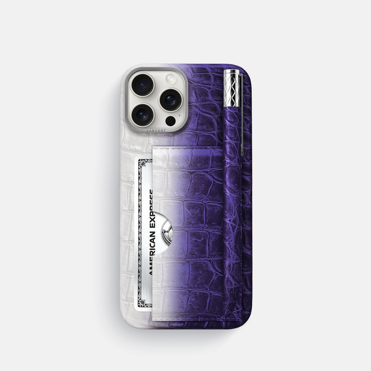 Purple iPhone 16 Pro Card and Pen Holder Case Himalayan Crocodile with Steel Metal -1 | Purple-Steel