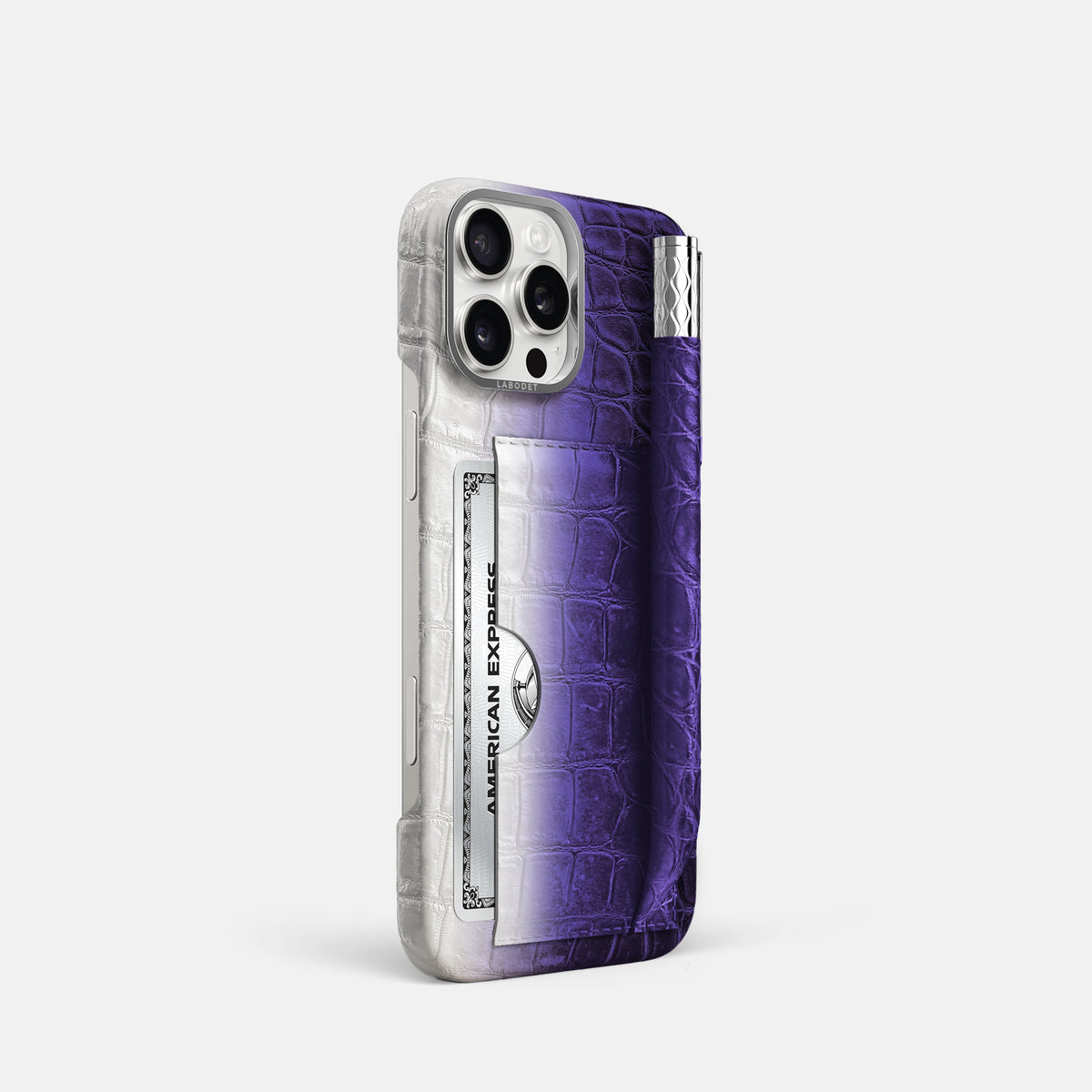 Purple iPhone 16 Pro Card and Pen Holder Case Himalayan Crocodile with Steel Metal -2 | Purple-Steel