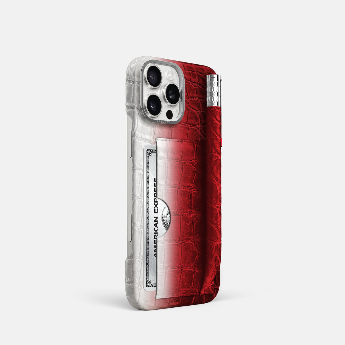 Red iPhone 16 Pro Card and Pen Holder Case Himalayan Crocodile with Steel Metal -2 | Red-Steel