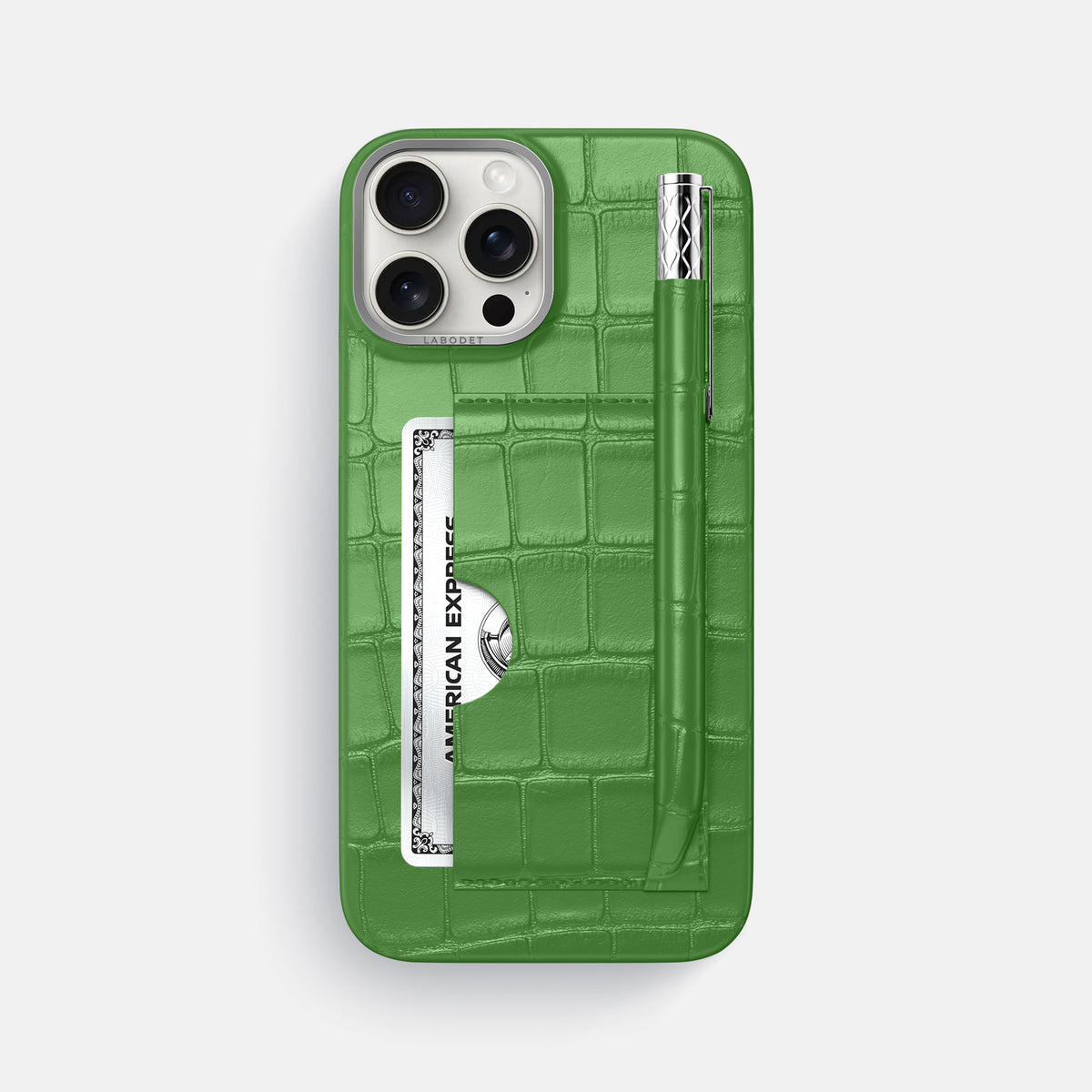 Apple-Green iPhone 16 Pro Max Card and Pen Holder Case Alligator with Steel Metal -1 | Apple-Green-Steel