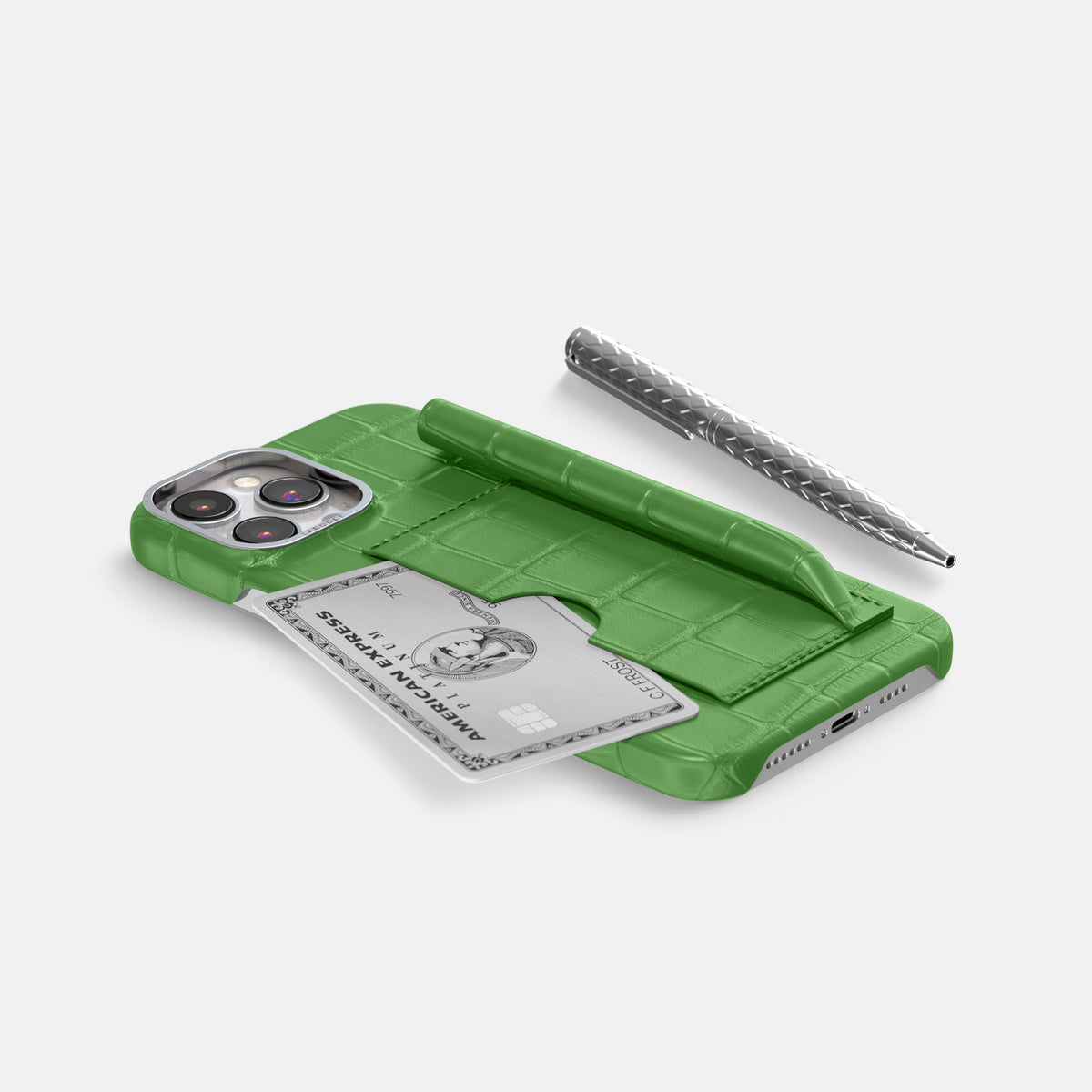 Apple-Green iPhone 16 Pro Max Card and Pen Holder Case Alligator with Steel Metal -5 | Apple-Green-Steel