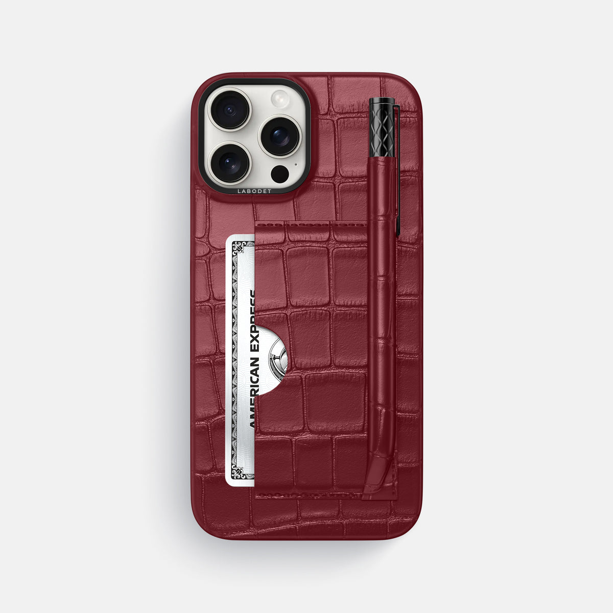 Burgundy iPhone 16 Pro Max Card and Pen Holder Case Alligator with Black Metal -1 | Burgundy-Black