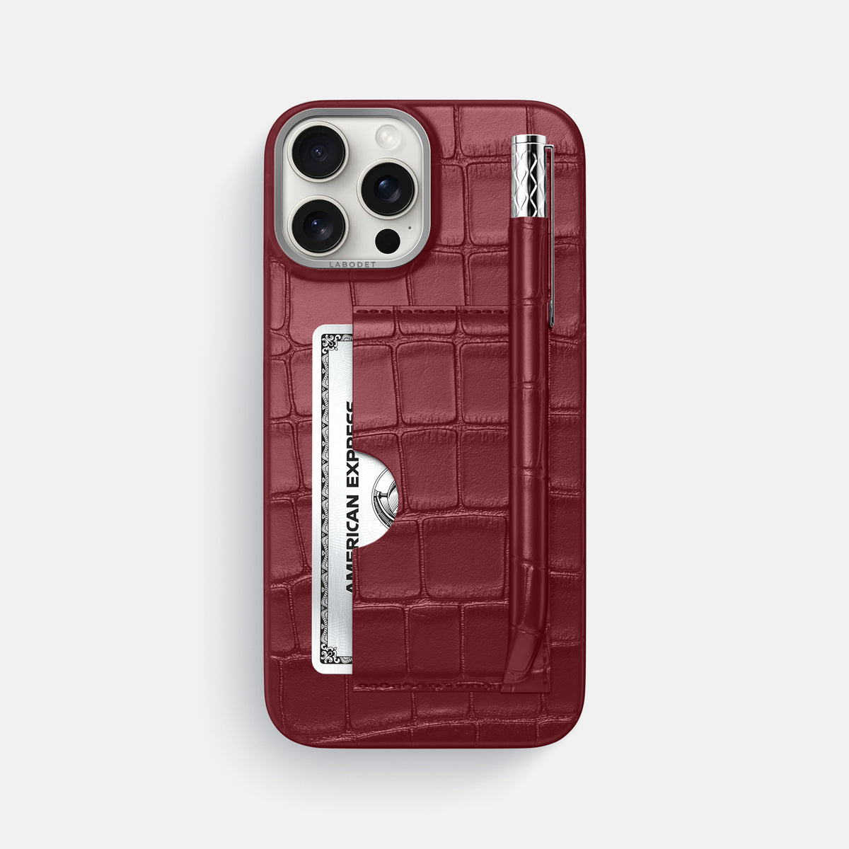 Burgundy iPhone 16 Pro Max Card and Pen Holder Case Alligator with Steel Metal -1 | Burgundy-Steel