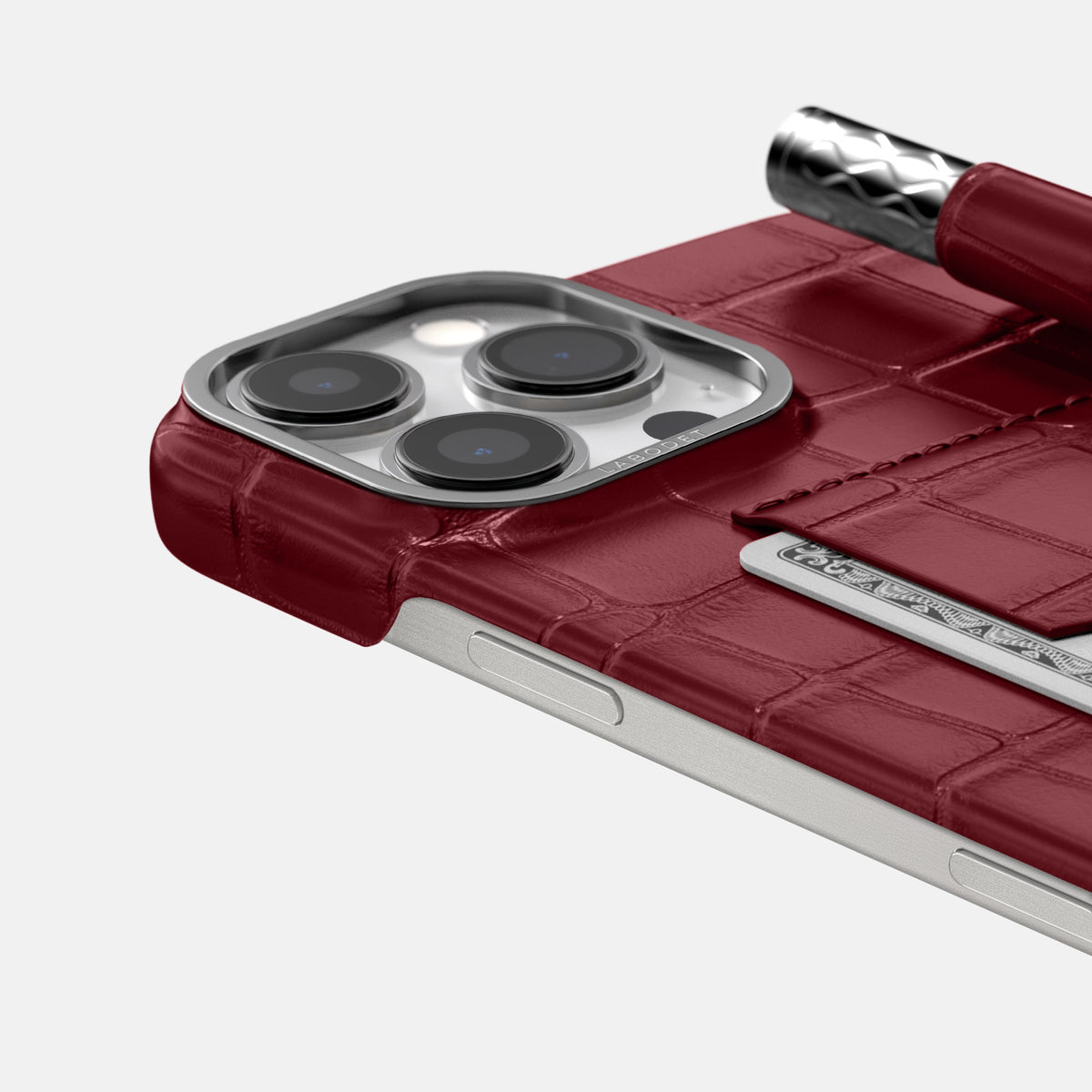 Burgundy iPhone 16 Pro Max Card and Pen Holder Case Alligator with Steel Metal -4 | Burgundy-Steel