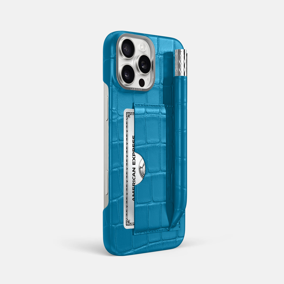 Curaçao-Blue iPhone 16 Pro Max Card and Pen Holder Case Alligator with Steel Metal -2 | Curaçao-Blue-Steel