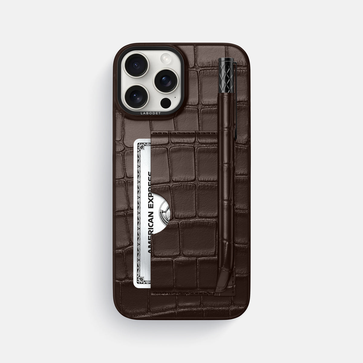 Dark-Brown iPhone 16 Pro Max Card and Pen Holder Case Alligator with Black Metal -1 | Dark-Brown-Black